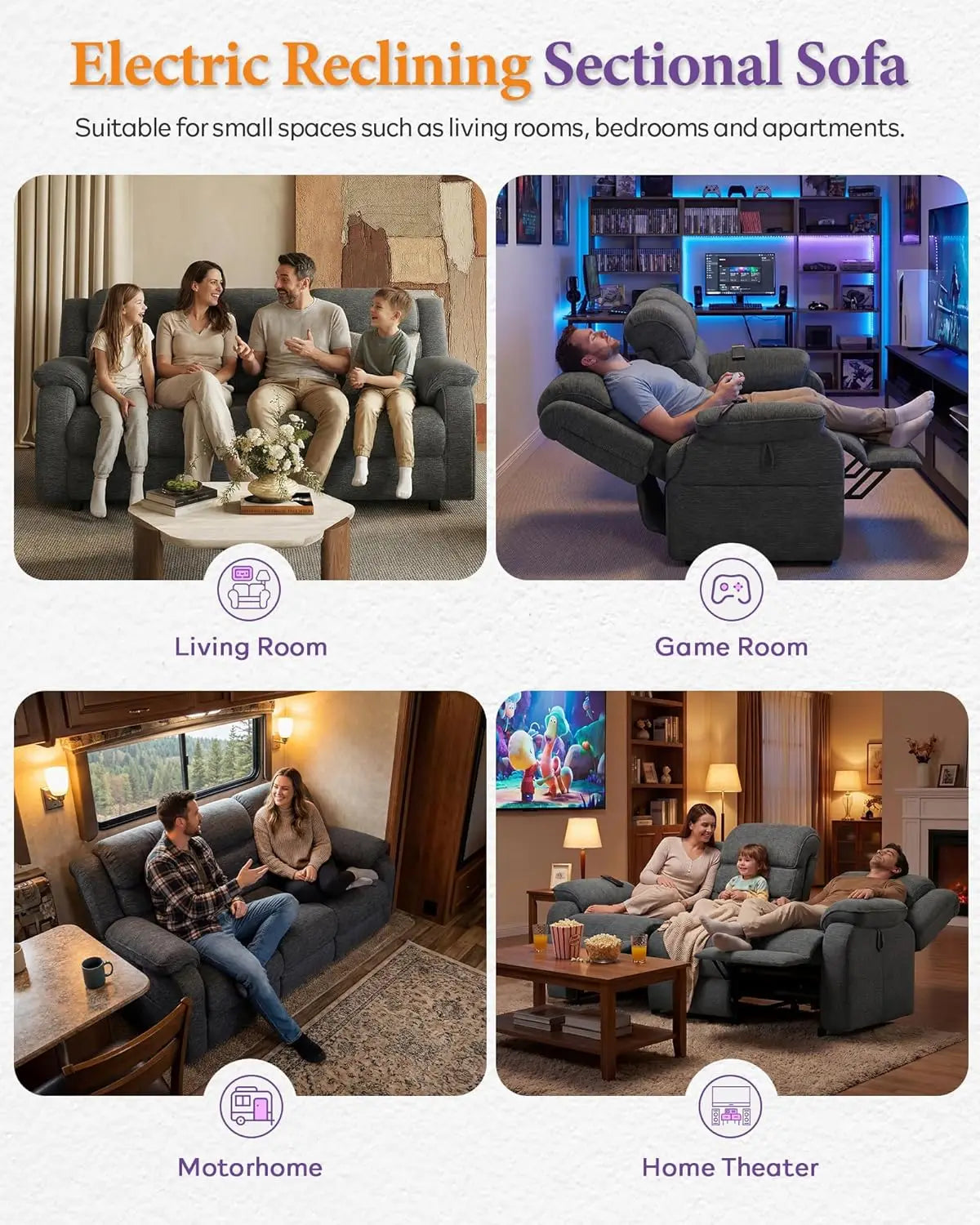Power Reclining 3 Seater Electric Sofa Dual Motors Remote Chenille Side Pockets Living Room Game Room 76.5in, Custom