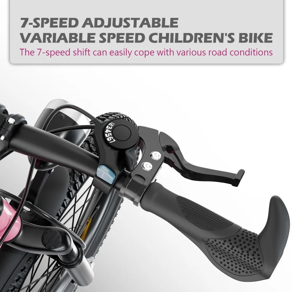20 Inch Kids Mountain Bike for Boys & Girls Ages 7-12 – 7-Speed Gears, Dual Disc Brakes, Shock Absorber Front Fork, LED Light – Silver & Pink