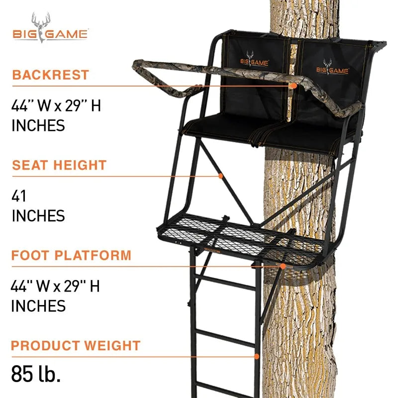 Big Game Striker XL 17.5FT Ladder Treestand Flip Back Seat Padded Armrest Deep Foot Platform Outdoor Hunting Stand