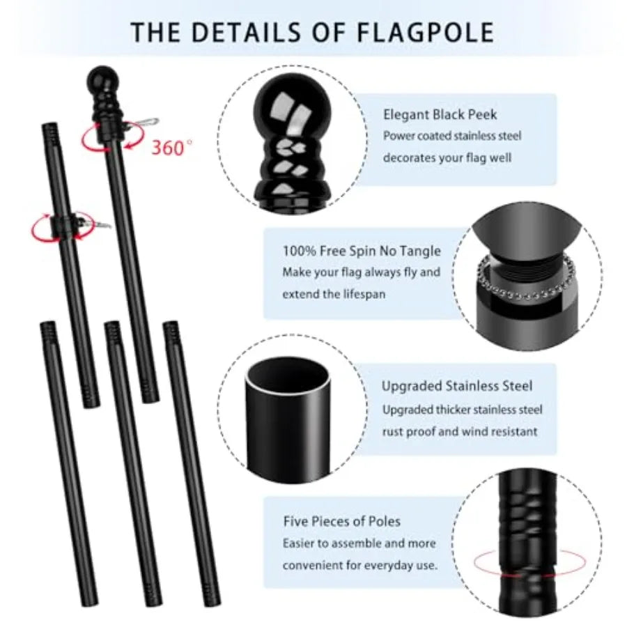 Flag with Poles for Outside House, 6Feet Stainless Steel No Tangle Spinning Flag Pole, 180° Multi- Position Mounting Bracket, 3