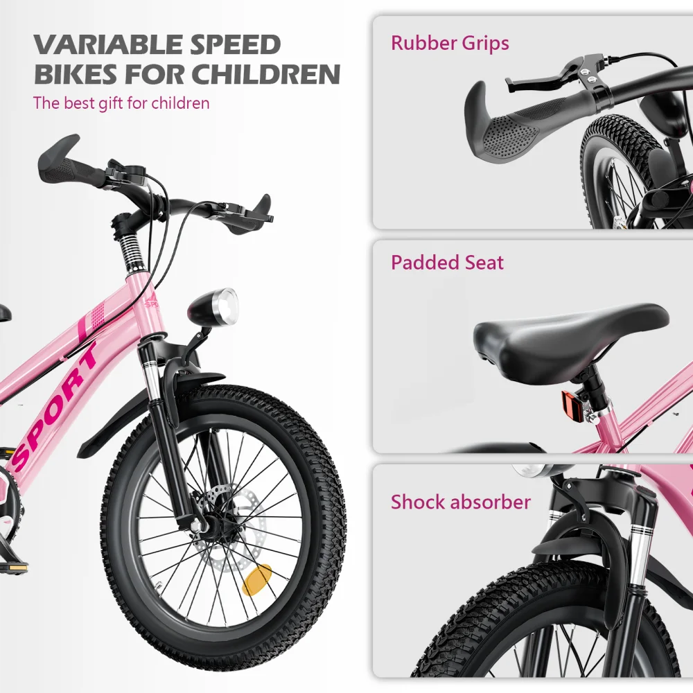20 Inch Kids Mountain Bike for Boys & Girls Ages 7-12 – 7-Speed Gears, Dual Disc Brakes, Shock Absorber Front Fork, LED Light – Silver & Pink