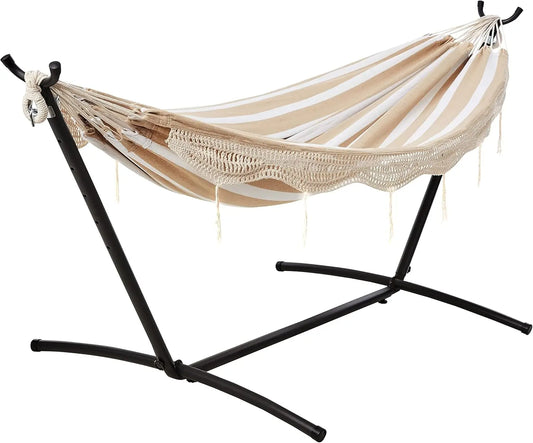 Double Hammock with 9Foot Space Saving Steel Stand and Carrying Case, 2 Person, 450 lb Capacity, Beige Stripe with Lace, 110 x 4