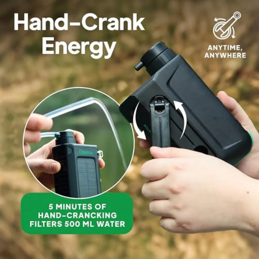 Portable Electric Water Filter for Camping and Survival - 0.01 Micron Water Purification System with Solar Hand Crank USB-C Cha