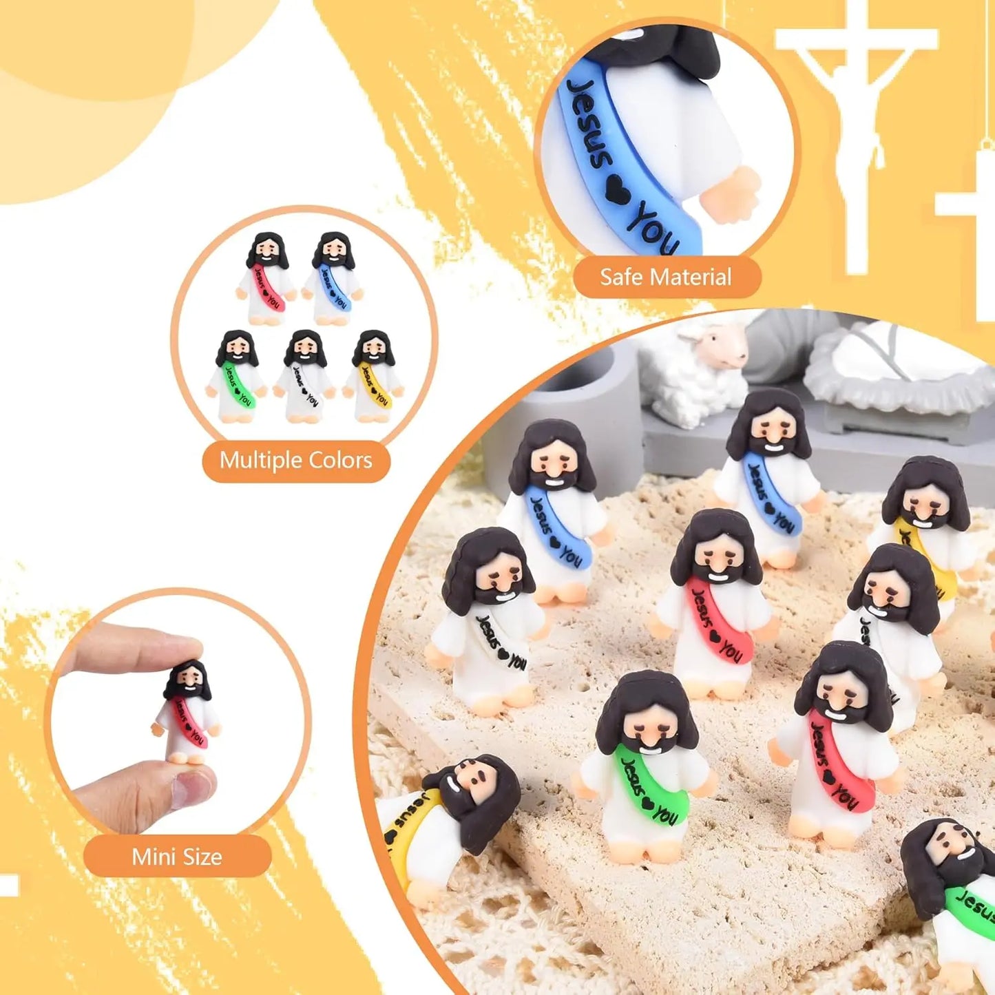 100 Pcs Mini Jesus Figurines Bulk, Tiny Rubber Jesus Loves You Figures for Easter Egg Stuffers, Sunday School Gifts, Baptism Favors
