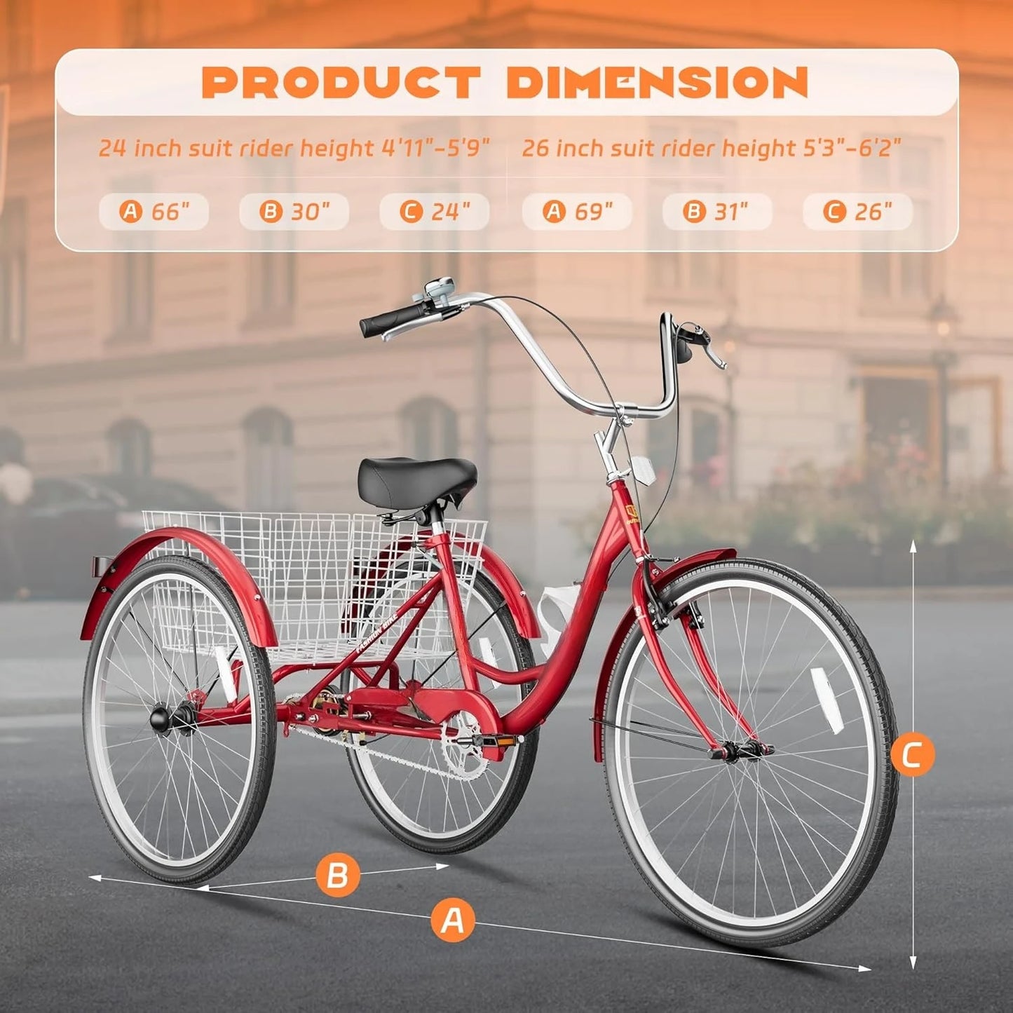 Adult Tricycle with Large Basket 24 Inch, Stable 3 Wheel Cruise Bicycle for Shopping, Long delivery time, Customized