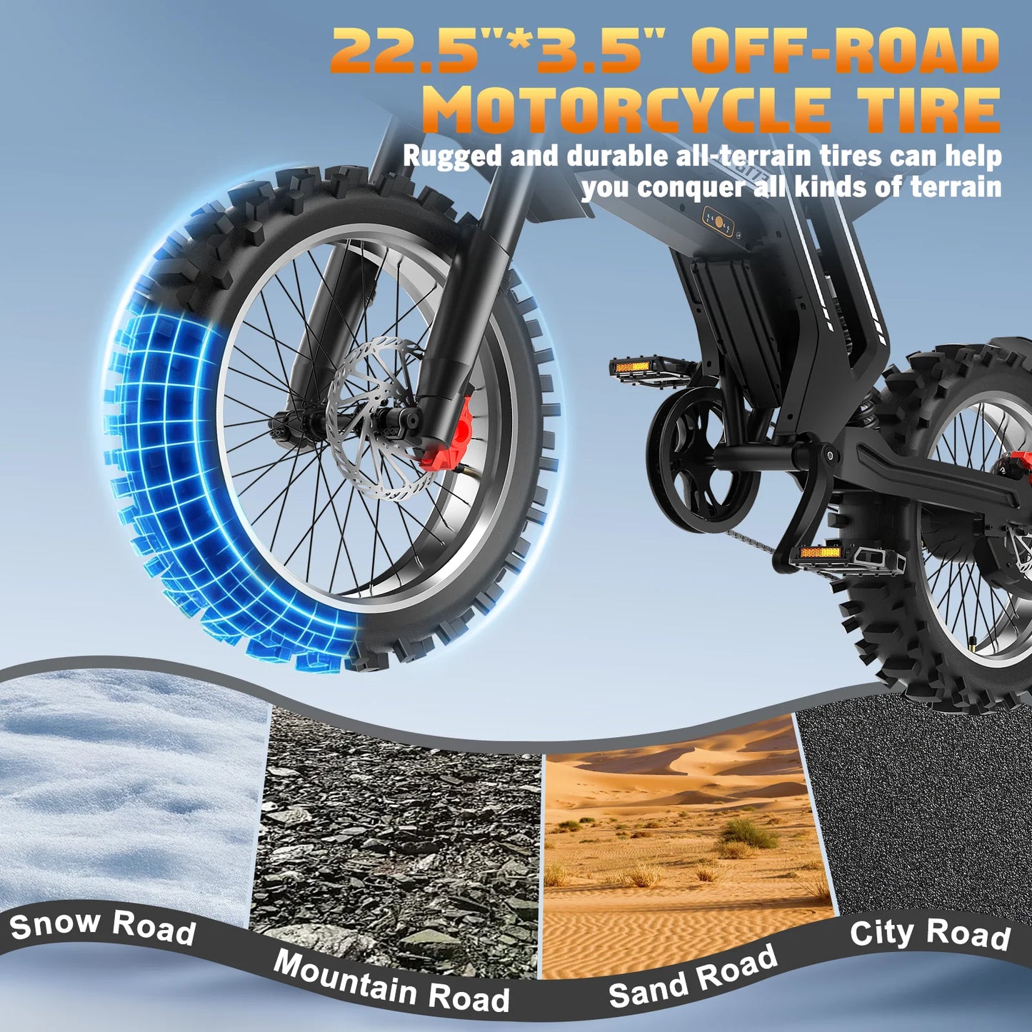22.5x3.5 Inch Fat Tire Electric Bike 3000W High Power Adult Off Road Mountain Ebike Max 70KM/H 58V 30Ah Removable Battery All Terrain Snow Motor