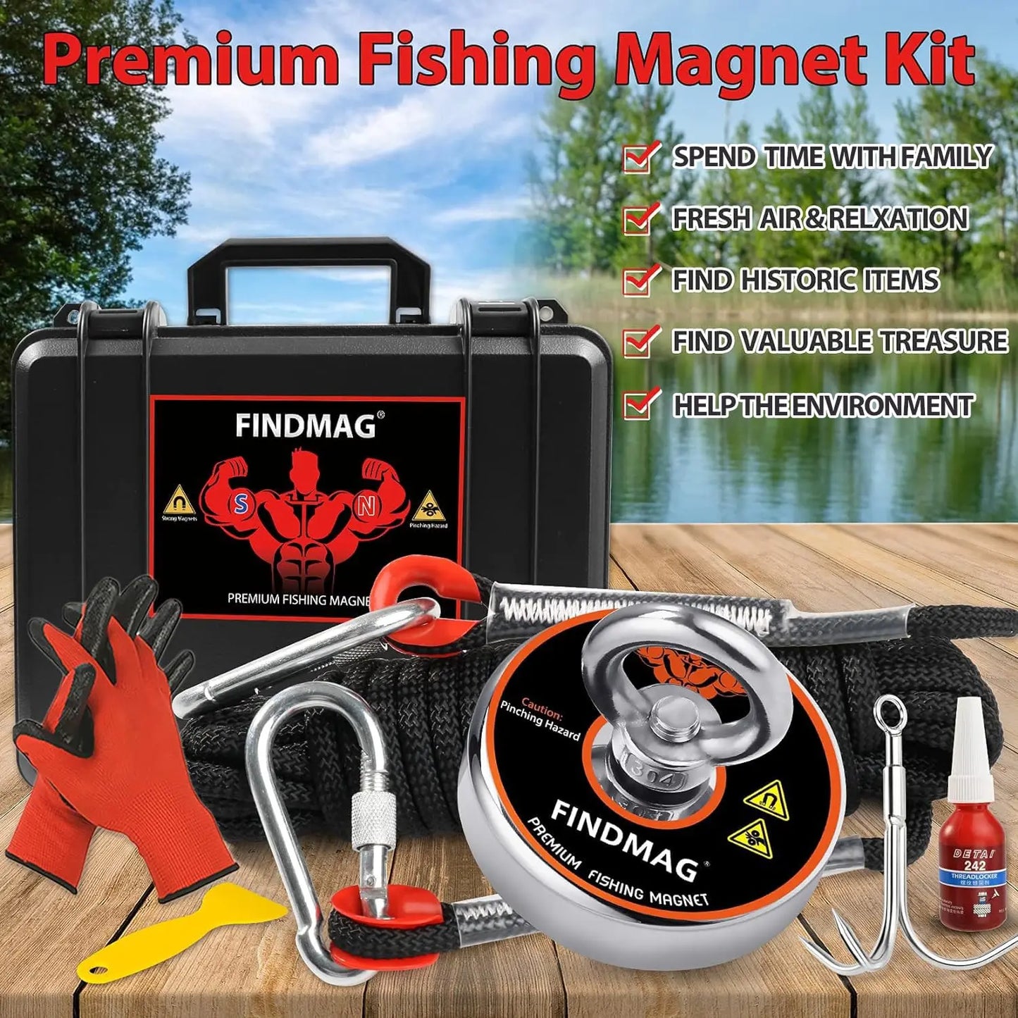Super Strong 1000 LBS Fishing Magnet Kit with Waterproof Case, Rope & Accessories for Treasure Hunting