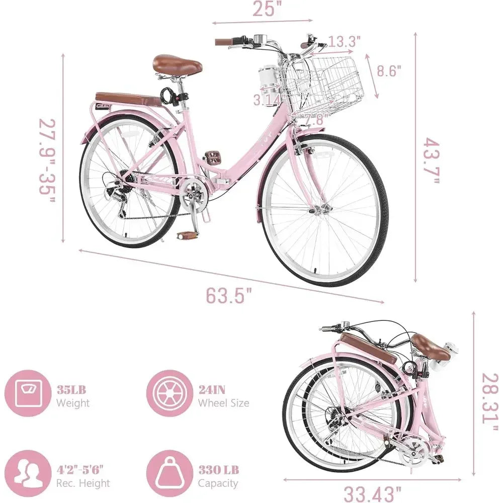 24-26 Inch Adjustable Women's Beach Cruiser Bike with 7-Speed, Basket, and Cup Holder