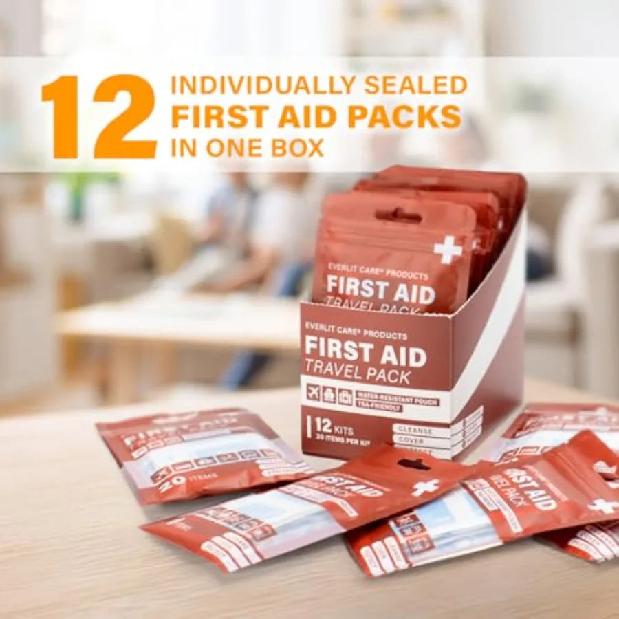 EVERLIT CARE Travel Bandage Pack 12 Individual Packets, Bulk Portable Mini First Aid Kit with 20 On-the-Go entials Compact Wate