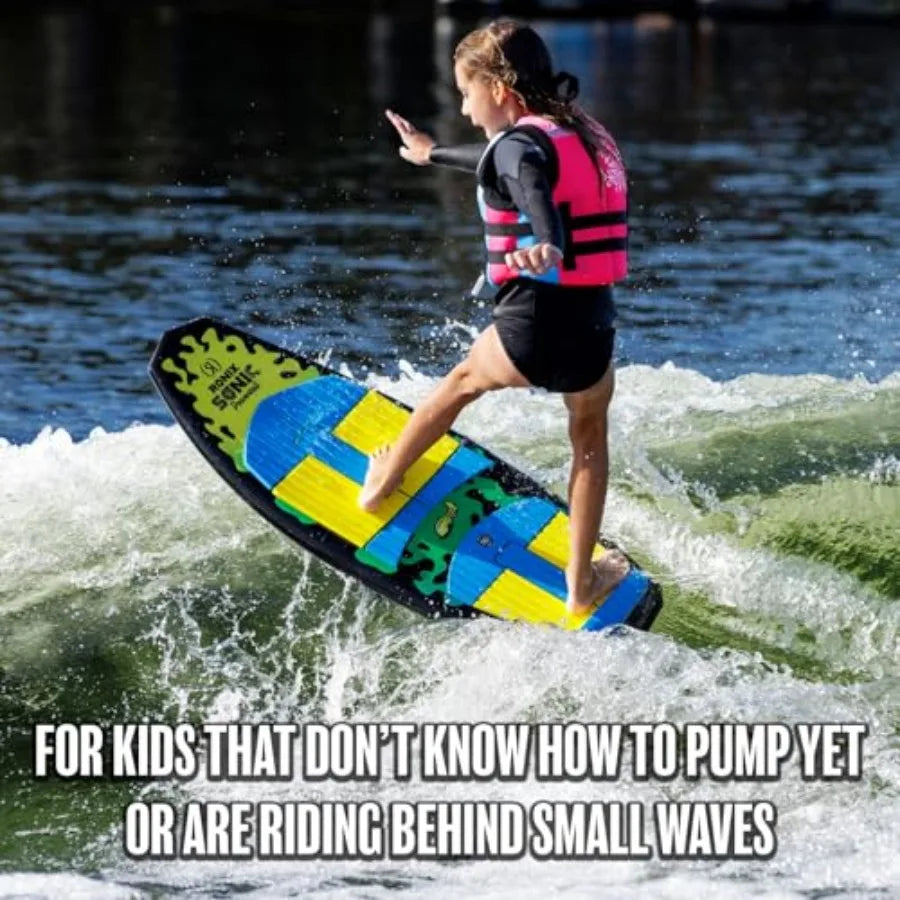 ' wakesurfing board for all skill levels: yellow/green polyethylene board with extended tail surface and Turbo 3000 fin for enh