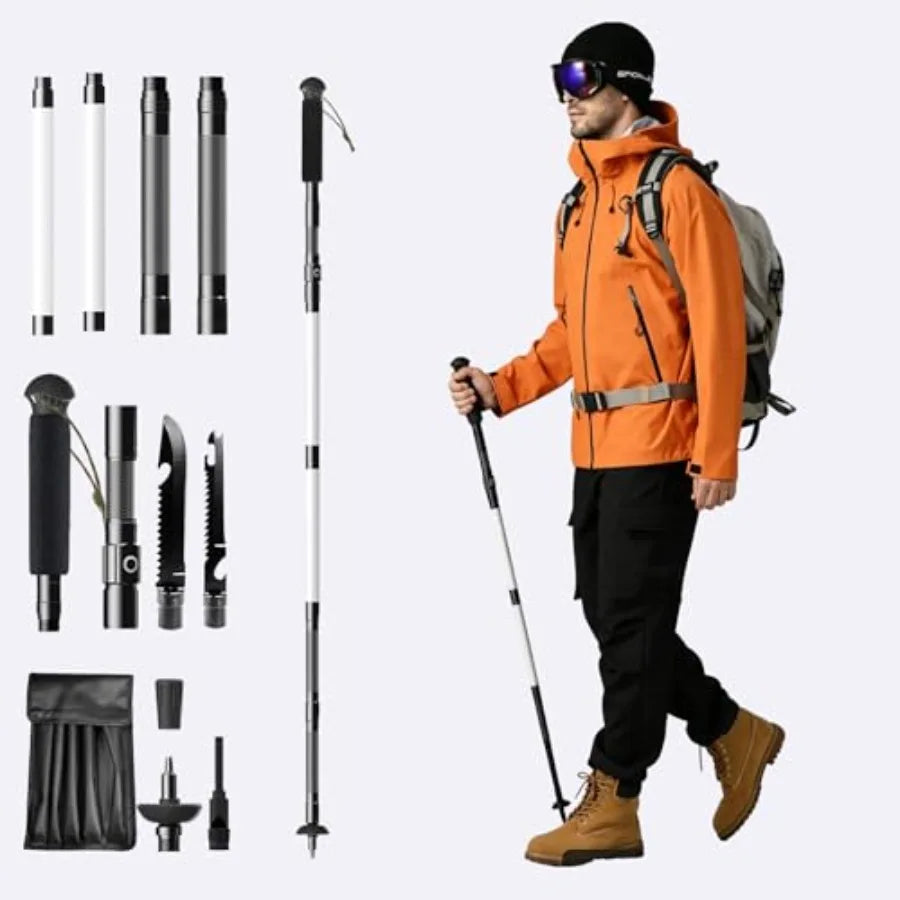 12-in-1 LED Walking Stick with Light, 7-Section Adjustable Hiking Pole Up to 48in, Collapsible Trekking Pole for Camping Night
