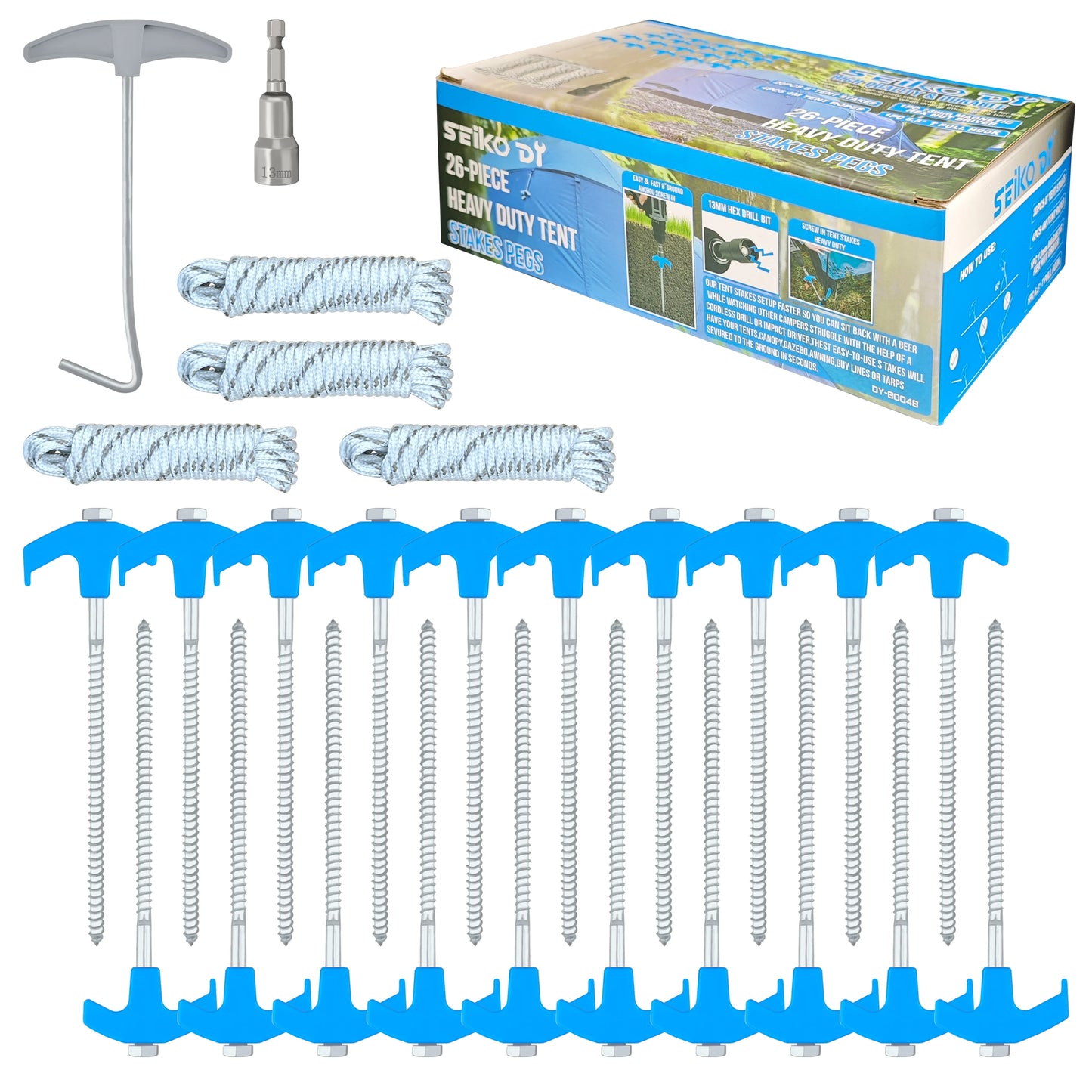 Heavy Duty Spiral Tent Stakes Screw in Ground Anchors with Rope and Driver for Camping Hiking Outdoor