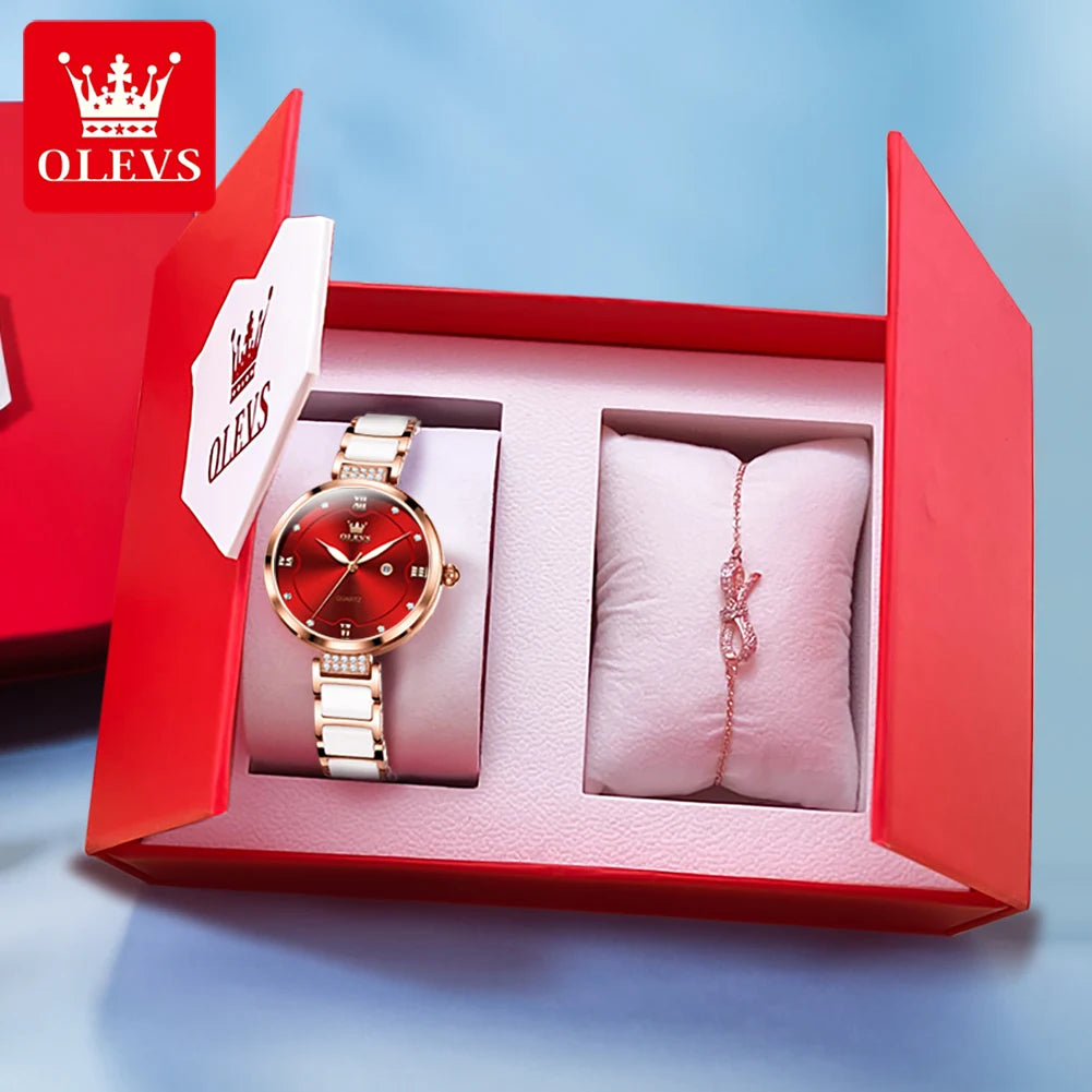 OLEVS Original Watch for Women Ceramic Stainless steel Strap Luxury Brand Elegant Ladies Watch Women's Bracelet Wristwatch Set