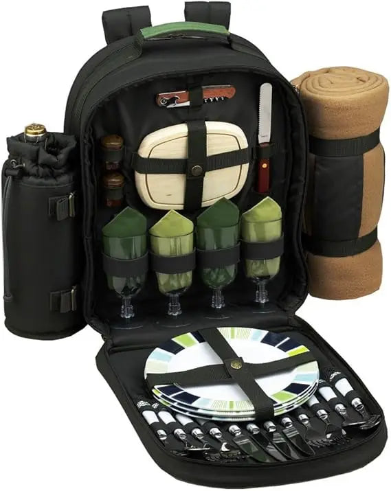 Eco-Friendly 4-Person Picnic Backpack with Insulated Cooler, Wine Holder, and Blanket in Forest Green