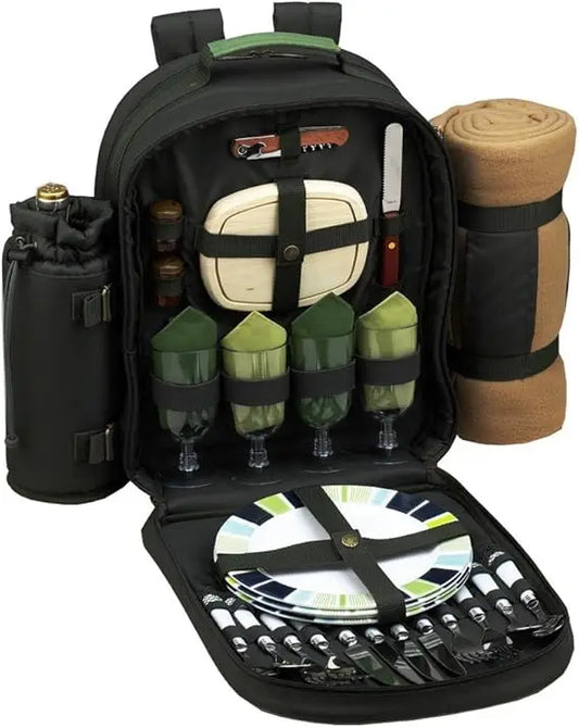 Eco-Friendly 4-Person Picnic Backpack with Insulated Cooler, Wine Holder, and Blanket in Forest Green