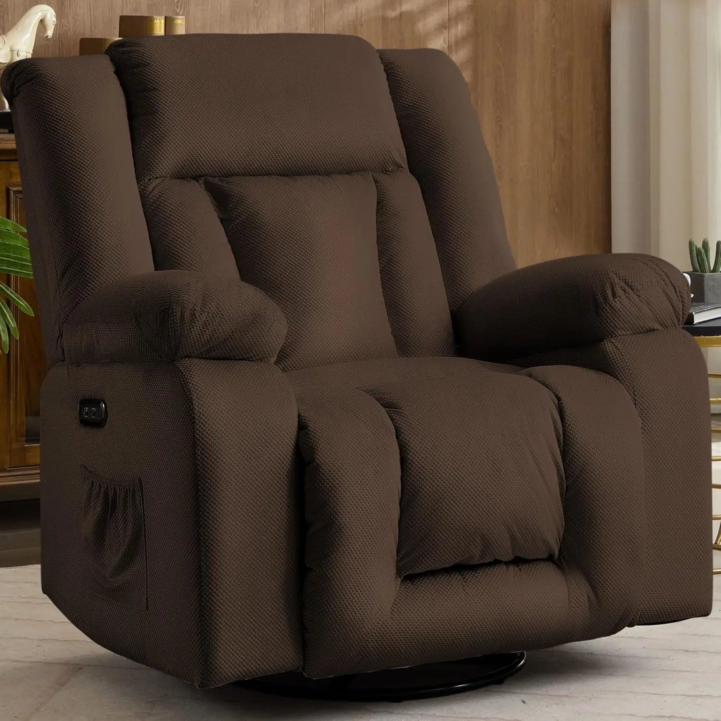 Oversized Power Recliner Chair,Electric Glider Reclining with Massage and Heating,Waffle Fabric Rocker Recliner with Side Pocket
