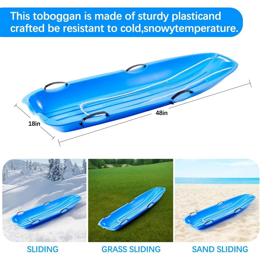 Outdoor Plastic Snow Sled for Adults and 48in with Pull Rope and 4 Handles Blue