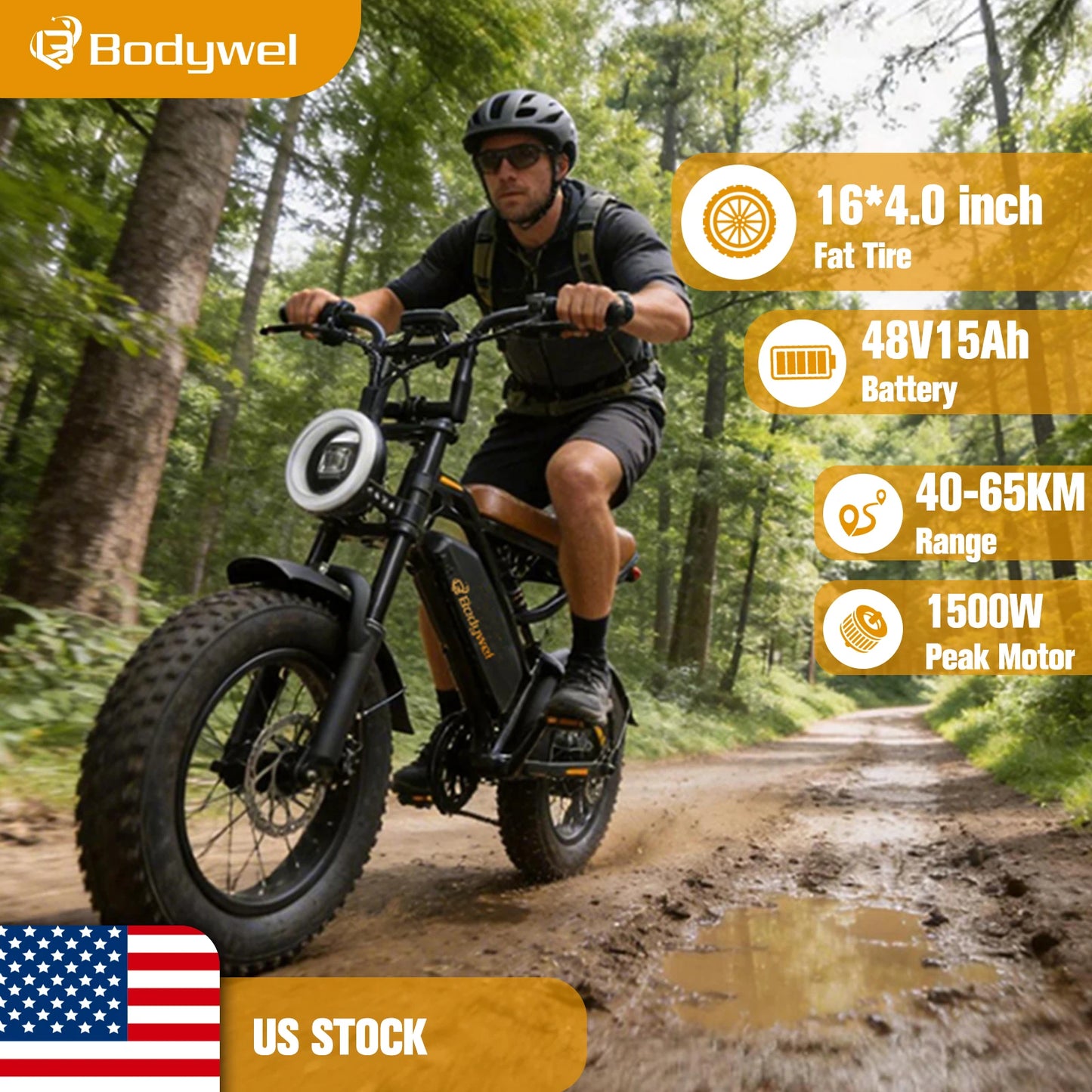 1500W Peak Electric Bike for Adults 48V 15.6AH off road E-Bike 31 MPH Electric Bicycle 16x4" Fat Tire Mountain Bike Bodywel M16