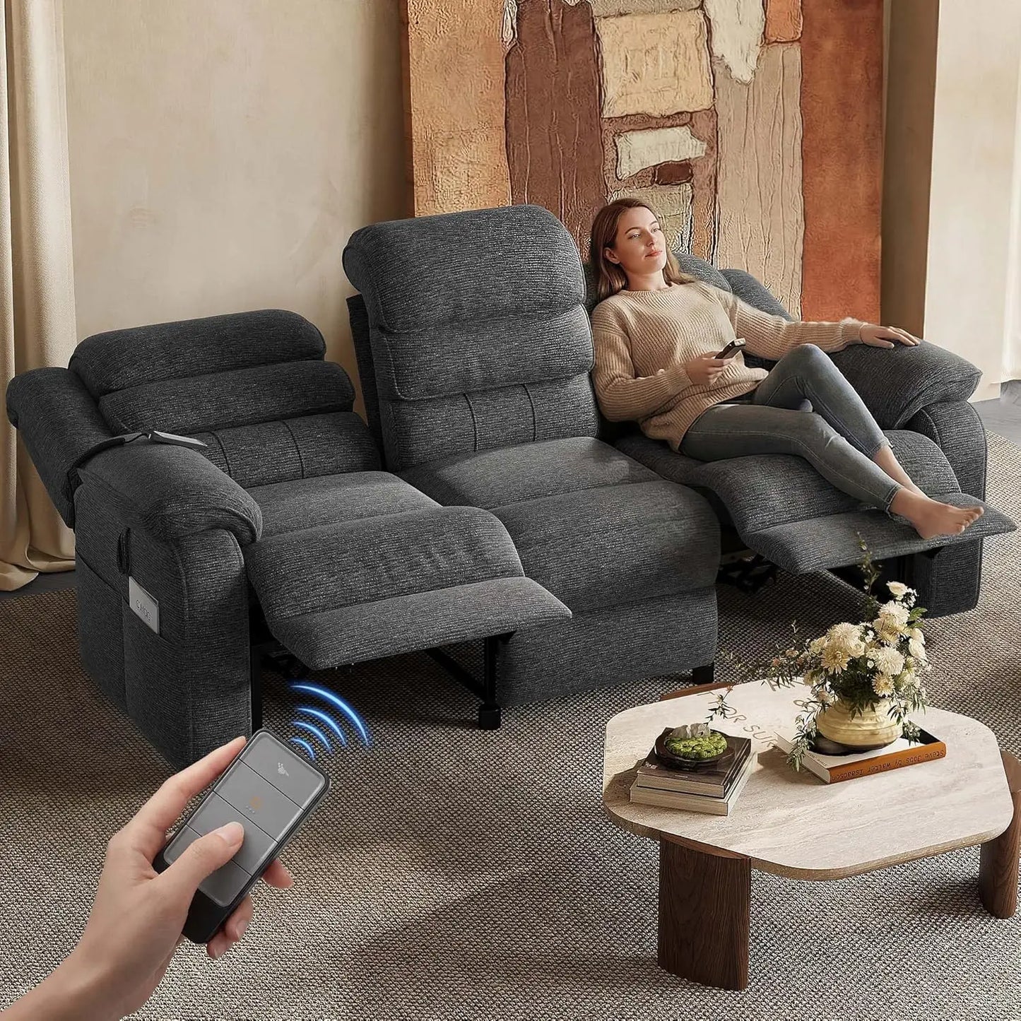 Power Reclining 3 Seater Electric Sofa Dual Motors Remote Chenille Side Pockets Living Room Game Room 76.5in, Custom