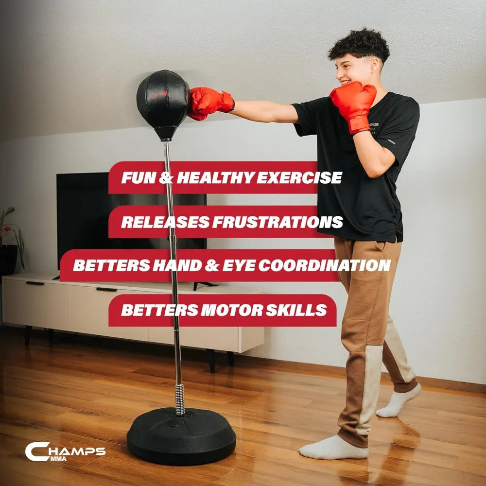 Champs MMA Punching Bag for Kids with Stand | Freestanding Reflex Bag Dummy | Adjustable Height Punch Bag Stand with Gloves