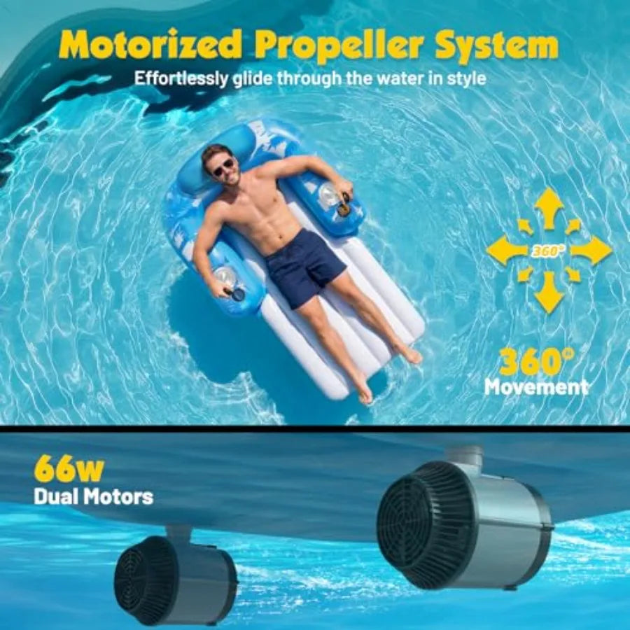 Inflatable Motorized Pool Float for Adults - Rechargeable Electric Water Lounger with Dual Motors and 2 Storage Compartments Su