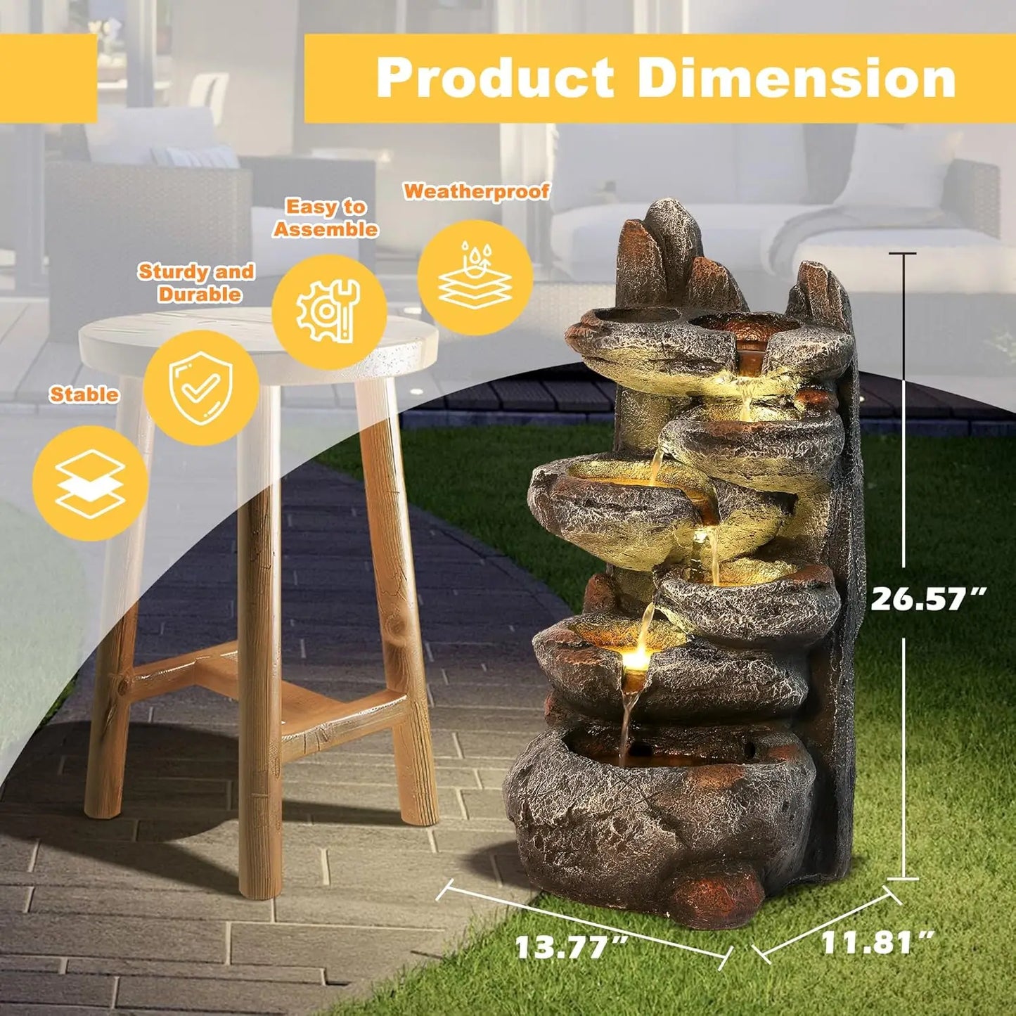 6-Tier Cascading Rock Water Fountain, 27" H Outdoor Freestanding Rockery Fountain with LED Light and Pump