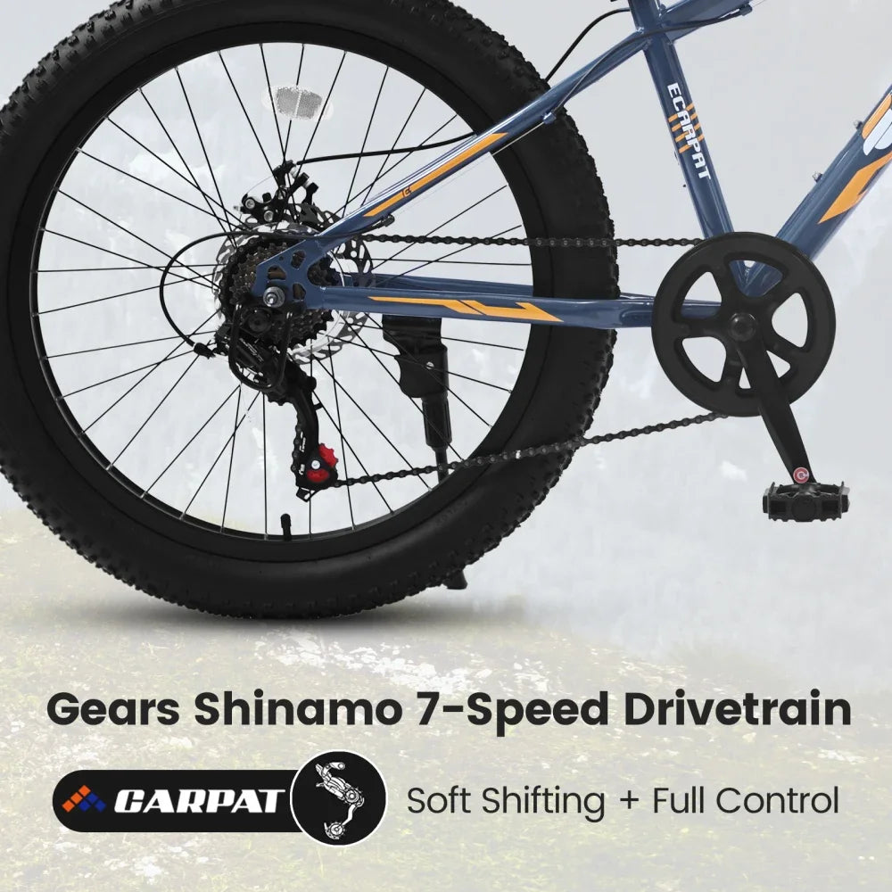 24 Inch Fat Tire Bike Adult/Youth Full Shimano 7 Speeds Mountain Bike, Dual Disc Brake, High-Carbon Steel Frame, Front Suspension, Mountain Trail Bike, Urban Commuter City Bicycle