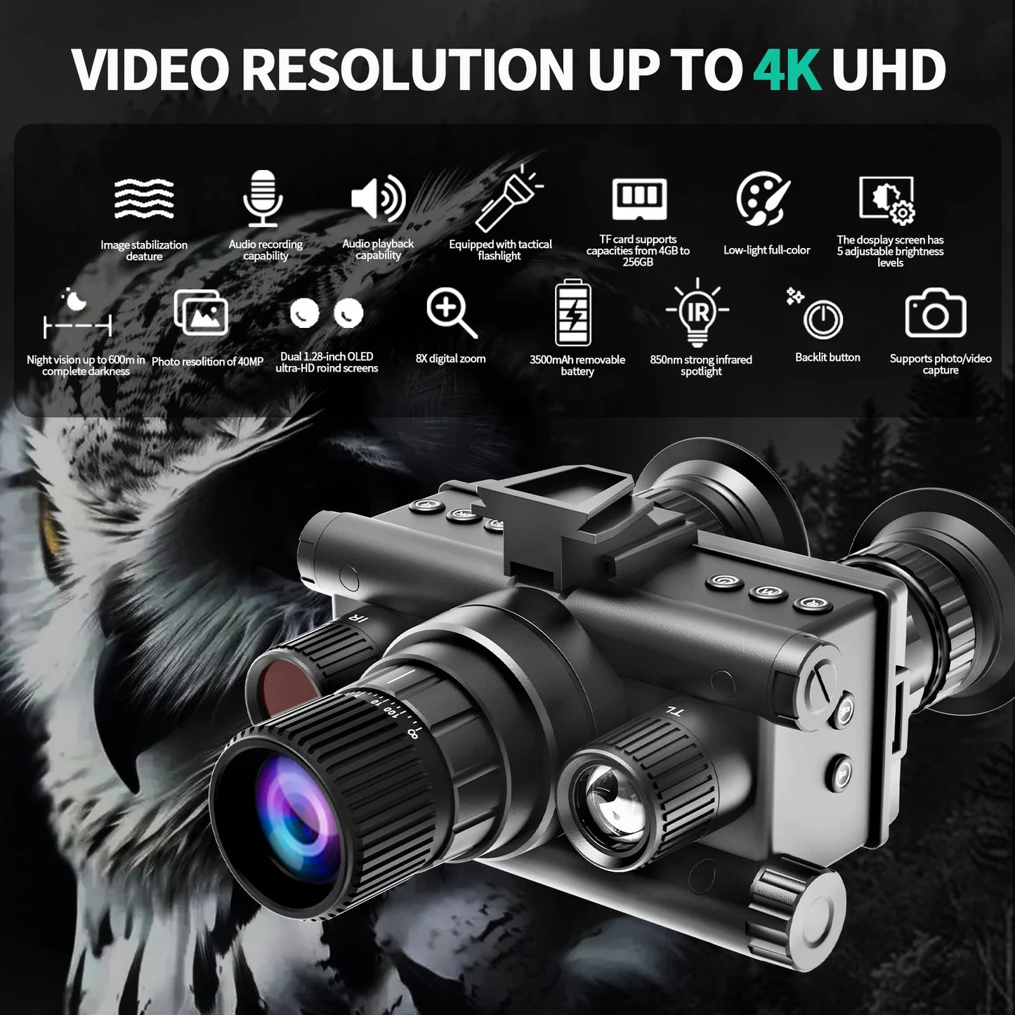 Night Vision Device Binocular Single Tube With Tactical Light Supports Head-Mounted Infrared 4k Uhd 48mp Head Mounted Tactical Telescope Goggles, 8x Zoom,600m Infrared Night Vision Binoculars Hunting Trail Camera