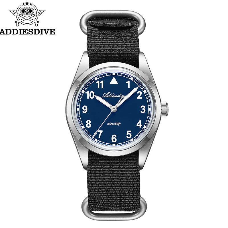 ADDIESDIVE 36mm Men's Analog Watch Bubble Mirror Glass 100m Waterproof Luminous Watch Simple Men Quartz Watches with Nylon Strap