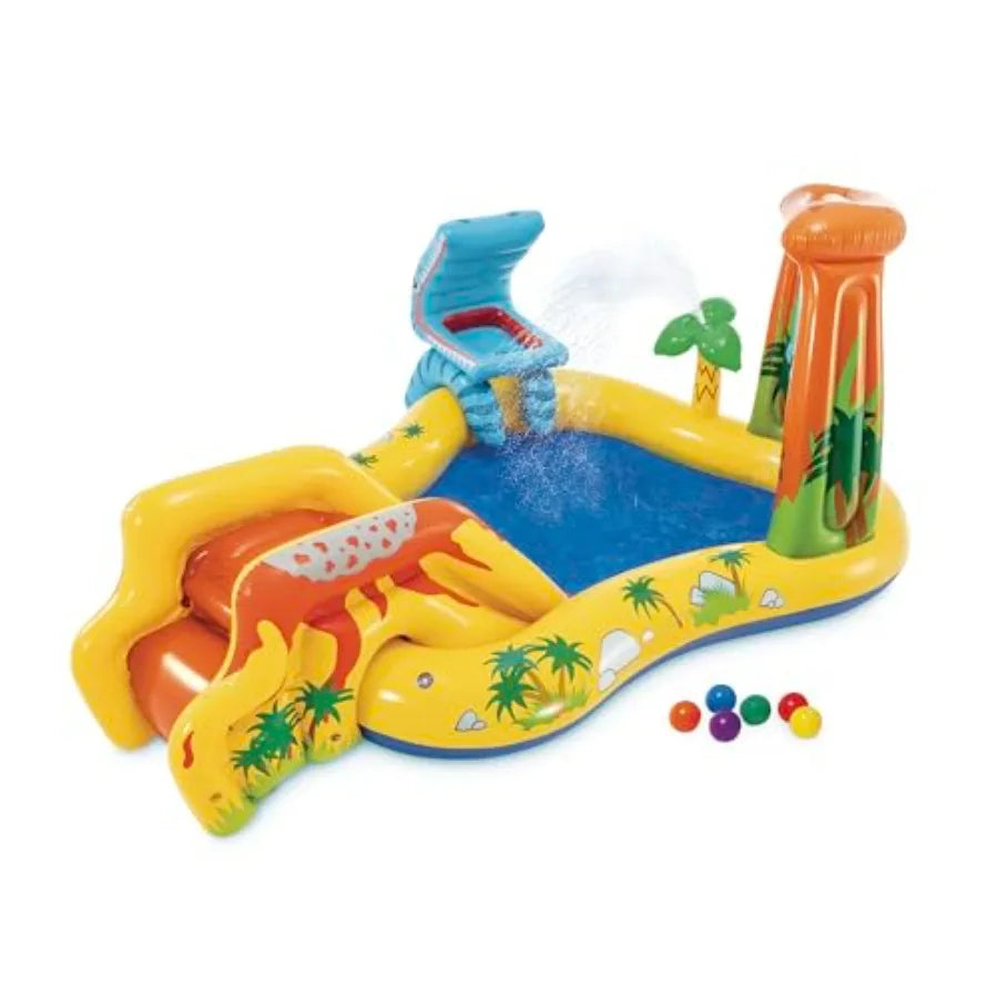 Inflatable Dinosaur Play Center Outdoor Playhouse Inflatable Water Park with Kid Pool Slide Water Sprayer Waterfall and 6 Balls