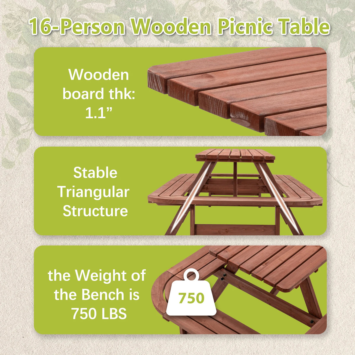 8 FT Wooden Picnic Table with Benches 14-16 Person Outdoor Patio Dining Set Large Rectangular Garden Table with Umbrella Hole Brown