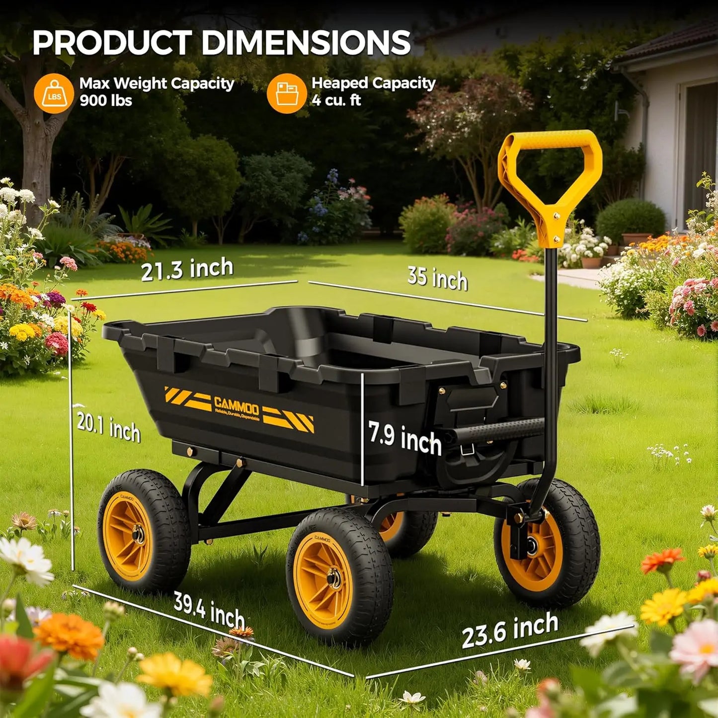 10in NO-FLAT TIRES 900lb Heavy-Duty Garden Dump Cart DIY Expandable Capacity Over 4 Cu.Ft. Utility Wagon with