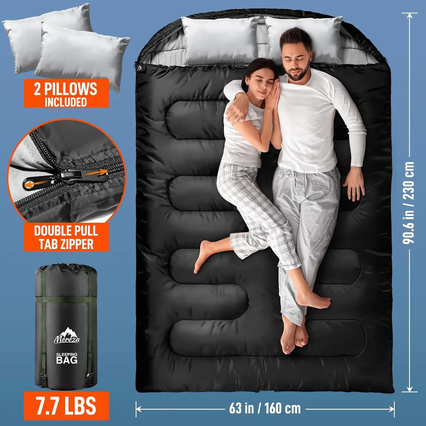 XL Queen Size Double Sleeping Bag with Pillow for Two Adults, All Season Camping Hiking Backpacking