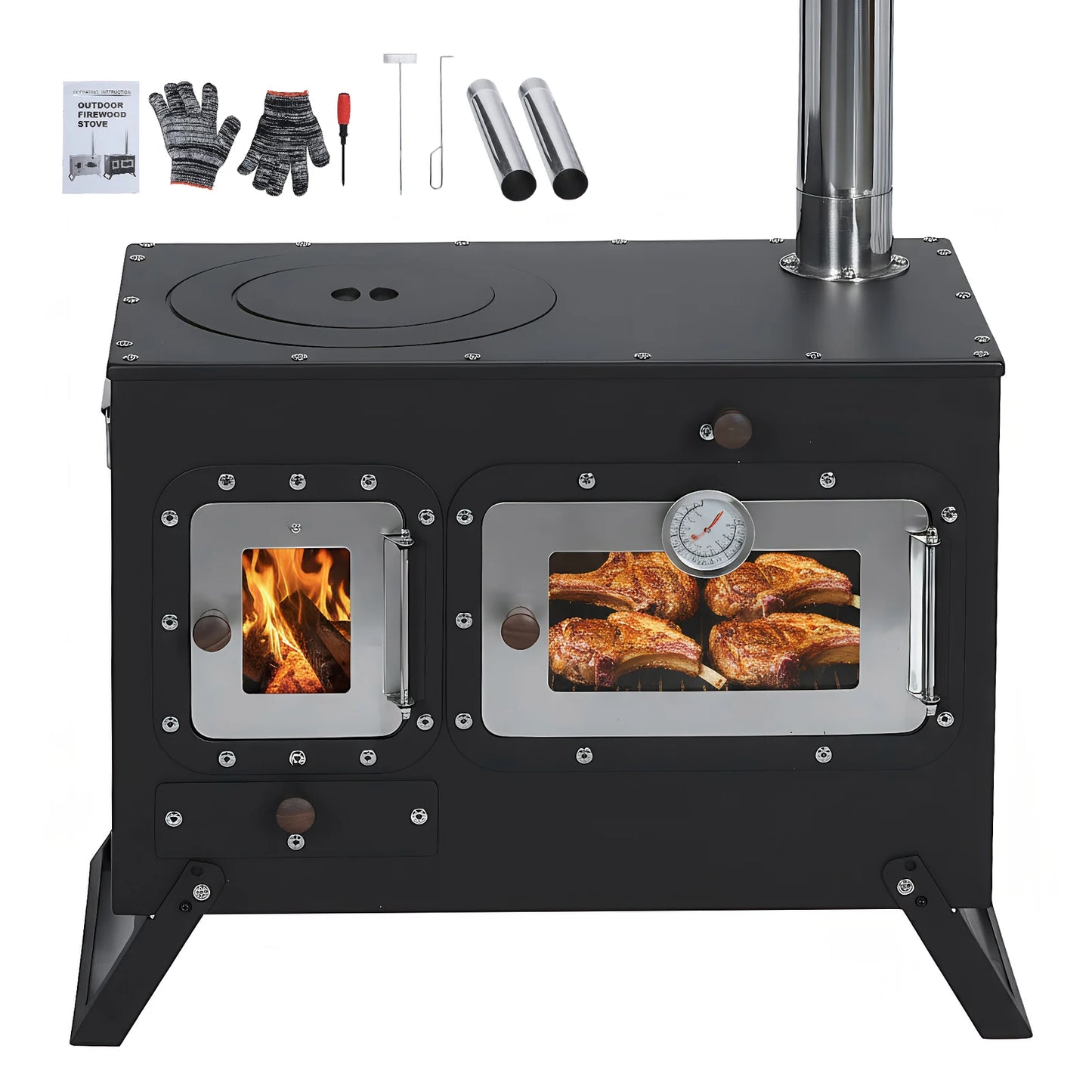 Hot Tent Stove with Chimney Pipe Folding Portable Wood Stove with Oven for Outdoor Heating & Cooking Ice Fishing Hunting