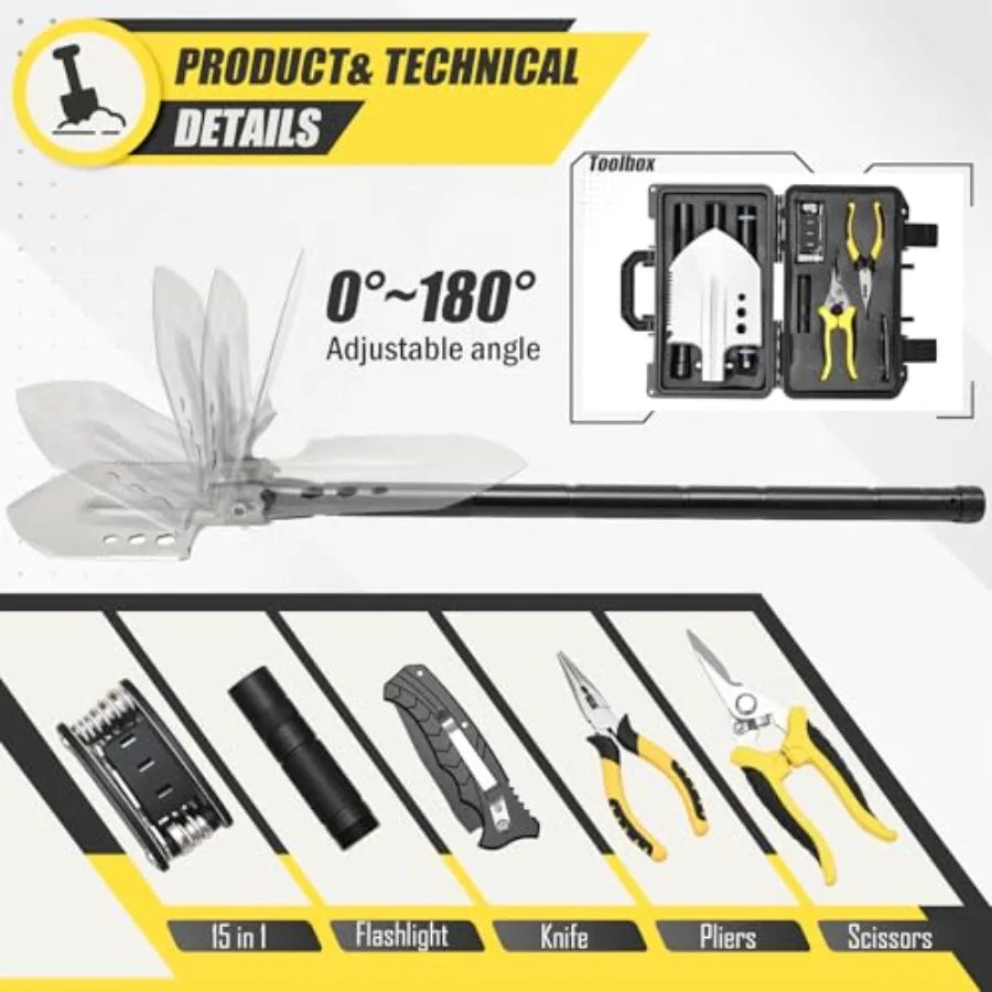 Folding Camping Shovel Axe Kit Multifunctional Survival Shovel with Stainl Steel Pickaxe pliers, Compass Locking scissors Magne