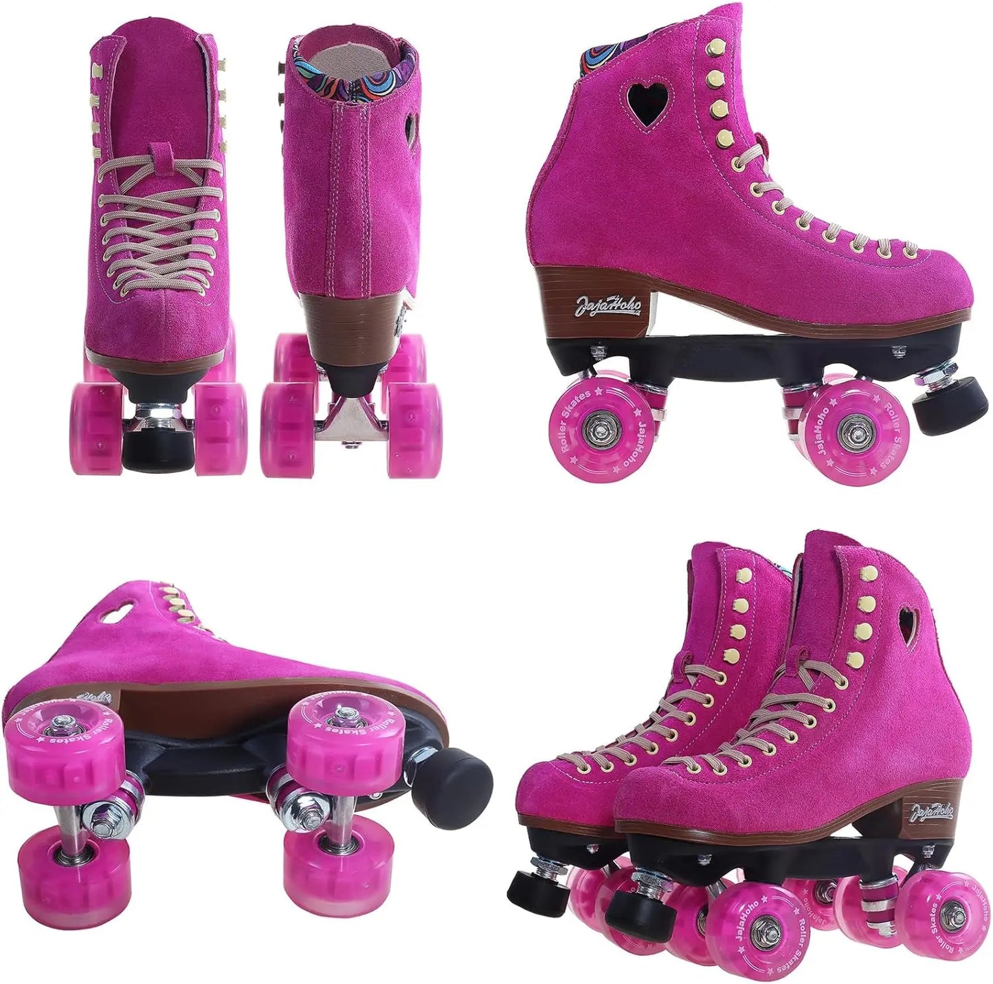 Fuchsia Quad Roller Skates for Women and Girls, High-Top Suede Leather, LED Light-Up Wheels, Indoor Outdoor Use