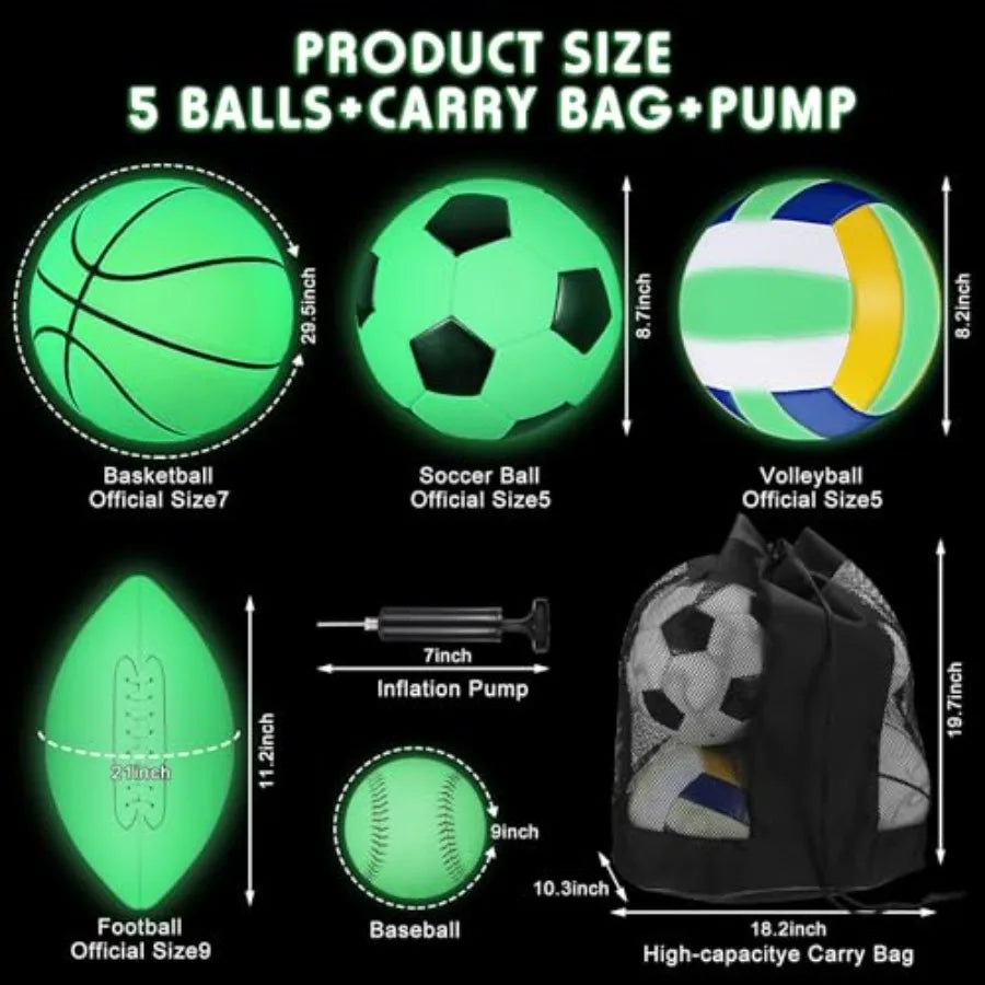 5 Pcs Glow in The Dark Sport Ball Set for Adult Youth Official Size Light up Volleyball Football Basketball Soccer Ball Basebal