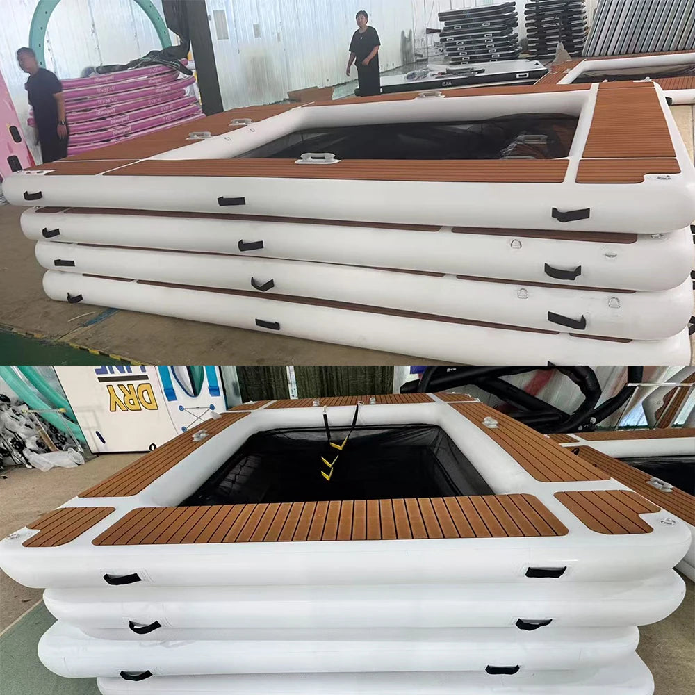 13x10ft Inflatable Yacht Pool with Non-Slip EVA Deck, Heavy Duty PVC Floating Dock with Netting, Portable Sea Swimming Pool for Boat, Lake, and Ocean Water Sports