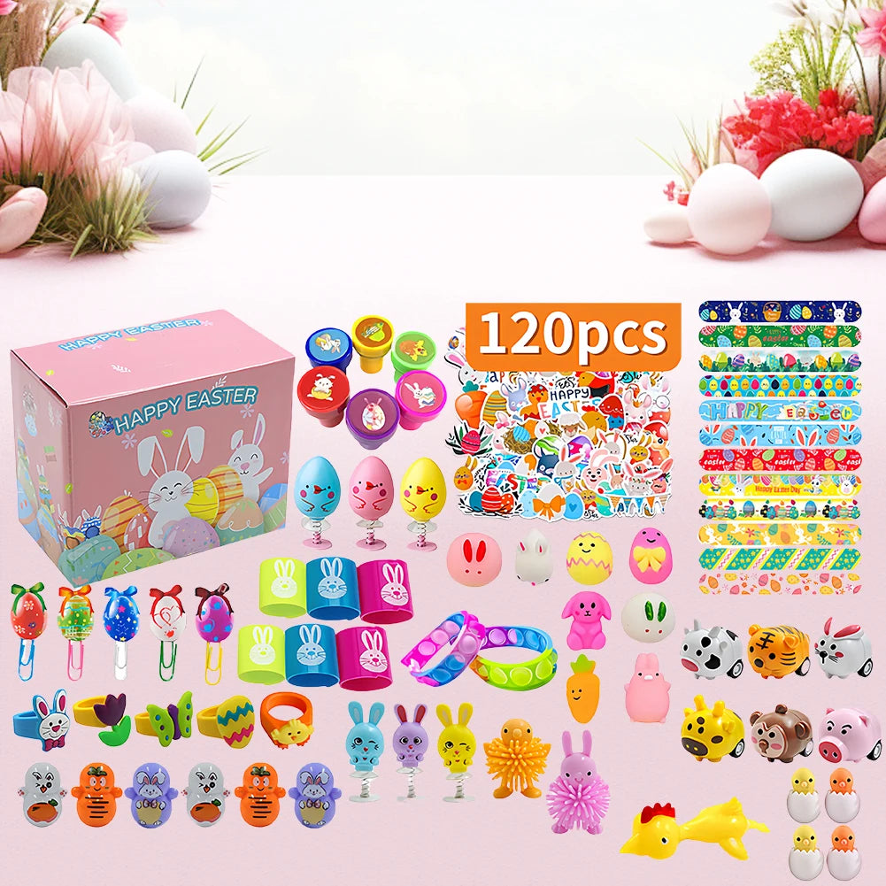 120Pcs Prefilled Easter Eggs Easter Egg Fillers with Assorted Toys Easter Basket Stuffers Easter Egg Toy for Boys Girls