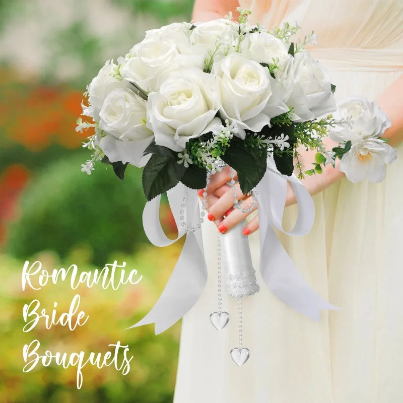 3Pcs Bridal Bridesmaid Wedding Bouque Artificial White Silk Rose,Mariage Bouquet,Wedding Accessories,Boutonnieres,Wrist Corsage