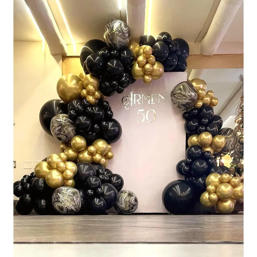 100Pcs Black Gold Metallic Chrome and Gold Confetti Balloons Garland Kit with Balloon Tape for Elegant Wedding Birthday Graduat