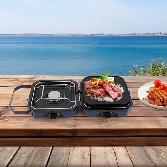 Camping Stove with Grill Pan, Non-stick Foldable Camp Stove Dark Blue, 2-Burners Portable Stove 2.3+2.3KW for Camping, BBQ