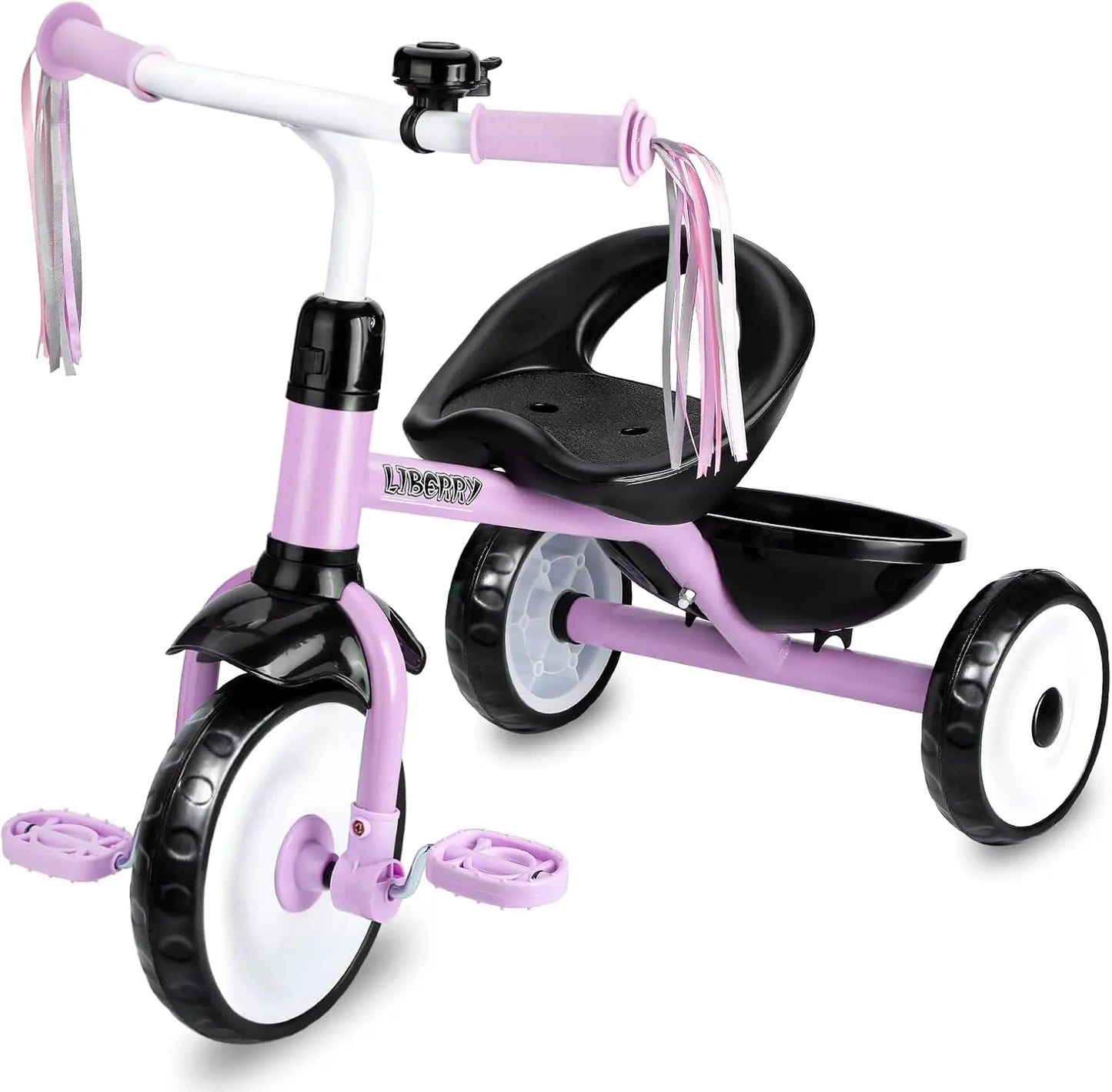 Toddler Tricycle for Ages 2-4, Kids Trike with Bell, Basket & Removable Pedal, Purple 3-Wheel Bike Toy Gift