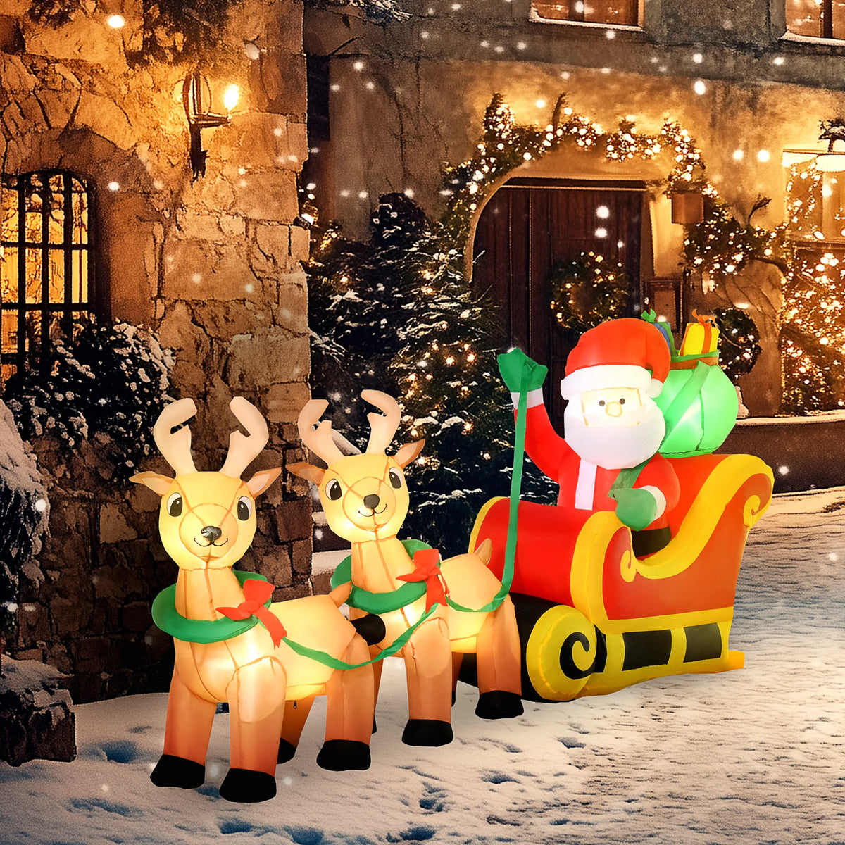 HOMCOM 8ft Long Christmas Inflatable Santa Claus with Sleigh and Reindeer, Outdoor Blow-Up Yard Decoration with LED Lights Display