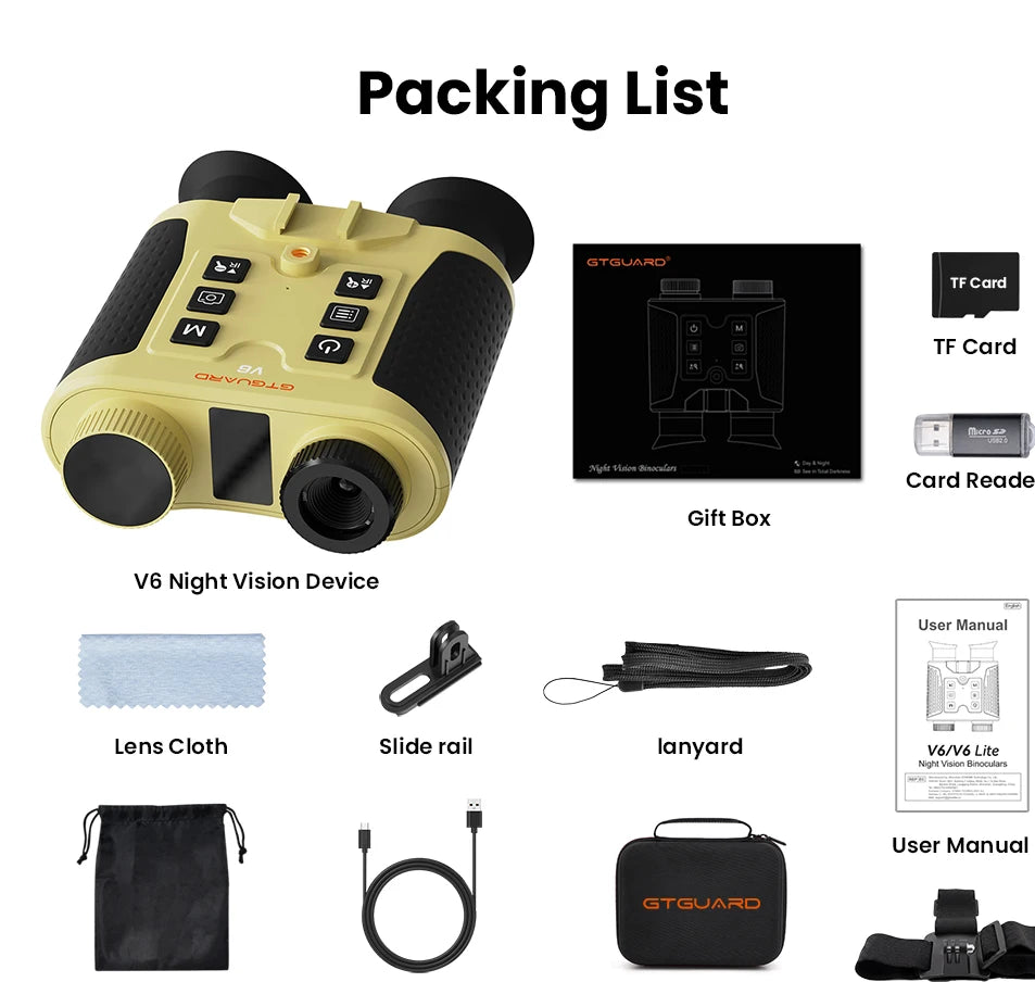 GTGUARD V6 Night Vision Binoculars 300m Night Vision 4K Photo 1080P HD Video 8x digital zoom for outdoor nighttime activities