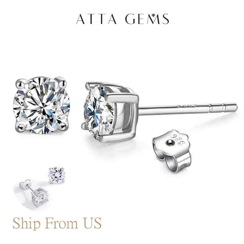 ATTAGEMS S925 Sterling Silver D VVS1 Moissanite Four Claw Earrings For Women Man Sparkling Wedding Jewelry Trendy Stud Earrings