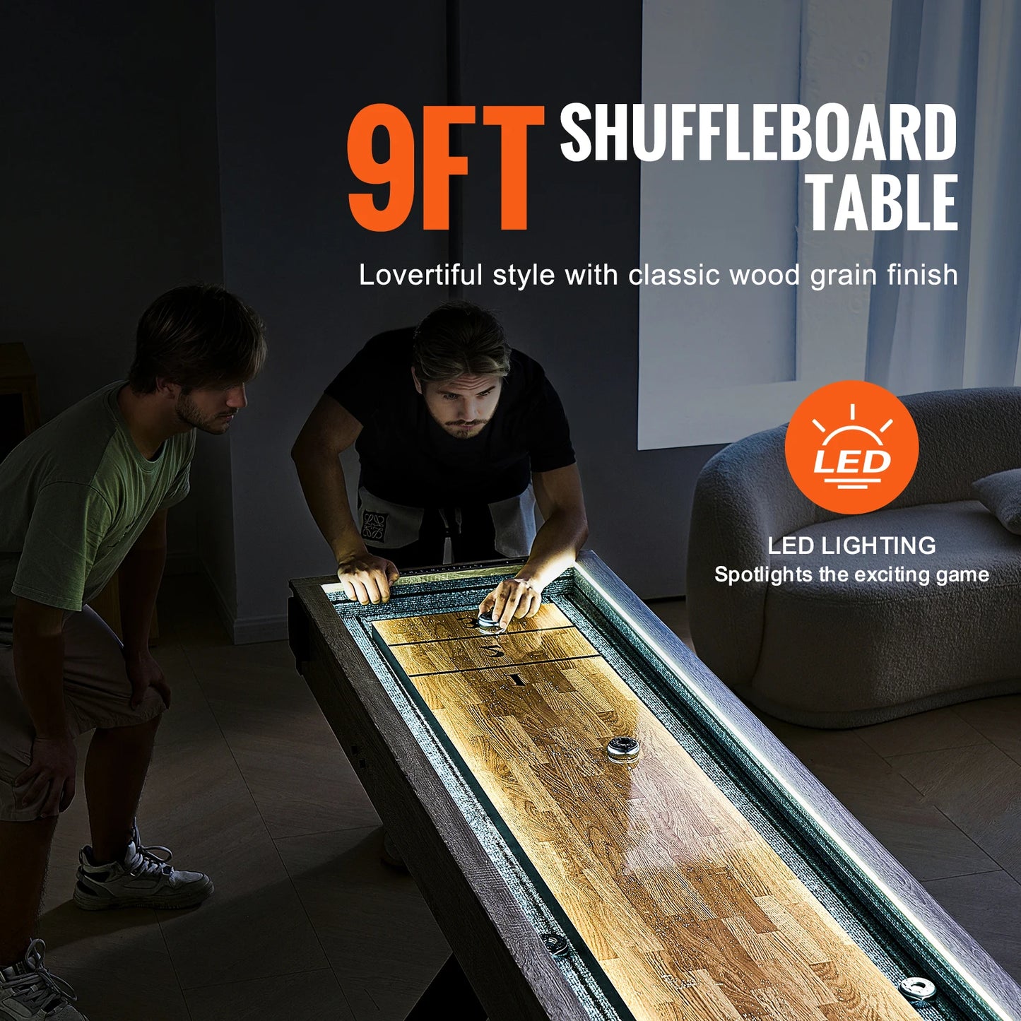 SucceBuy Shuffleboard Table 9 ft LED Light Up Shuffleboard for Family Game Room 2-in-1 Shuffleboard and Bowling Combo Game Sets