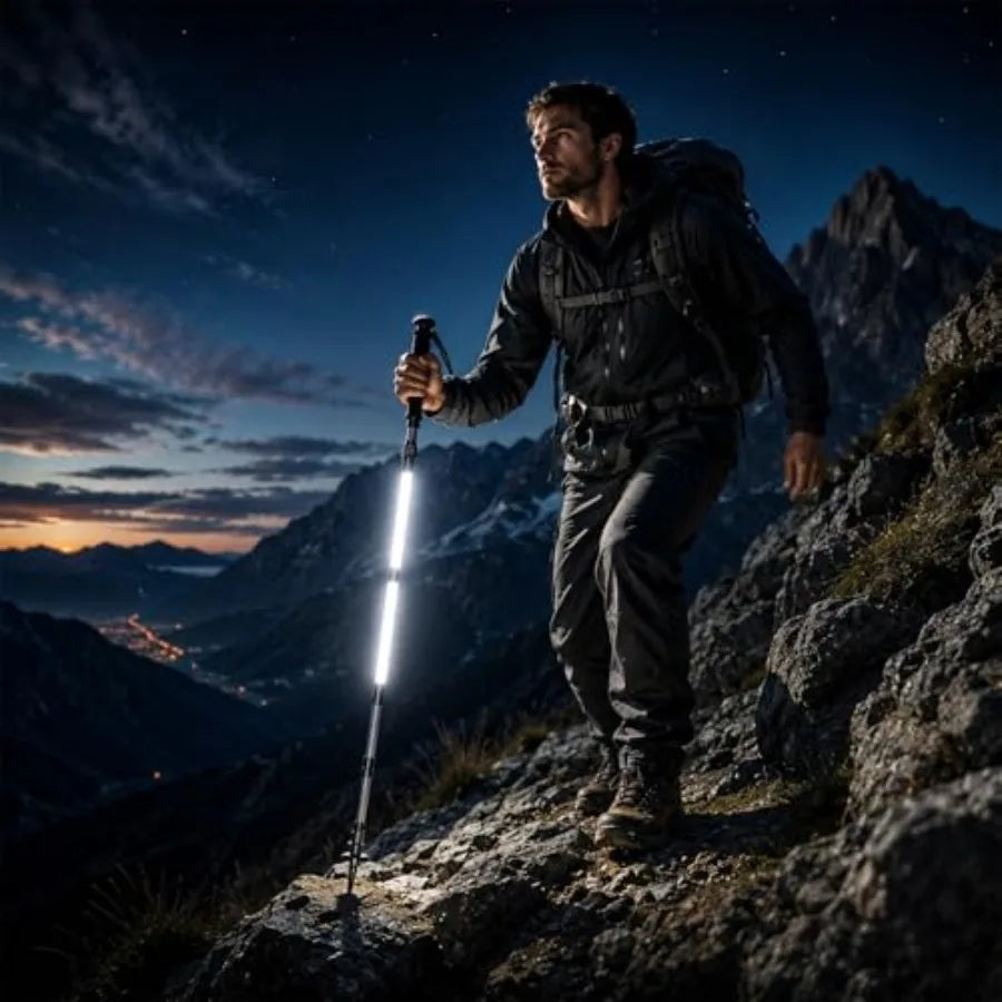 12-in-1 LED Walking Stick with Light, 7-Section Adjustable Hiking Pole Up to 48in, Collapsible Trekking Pole for Camping Night