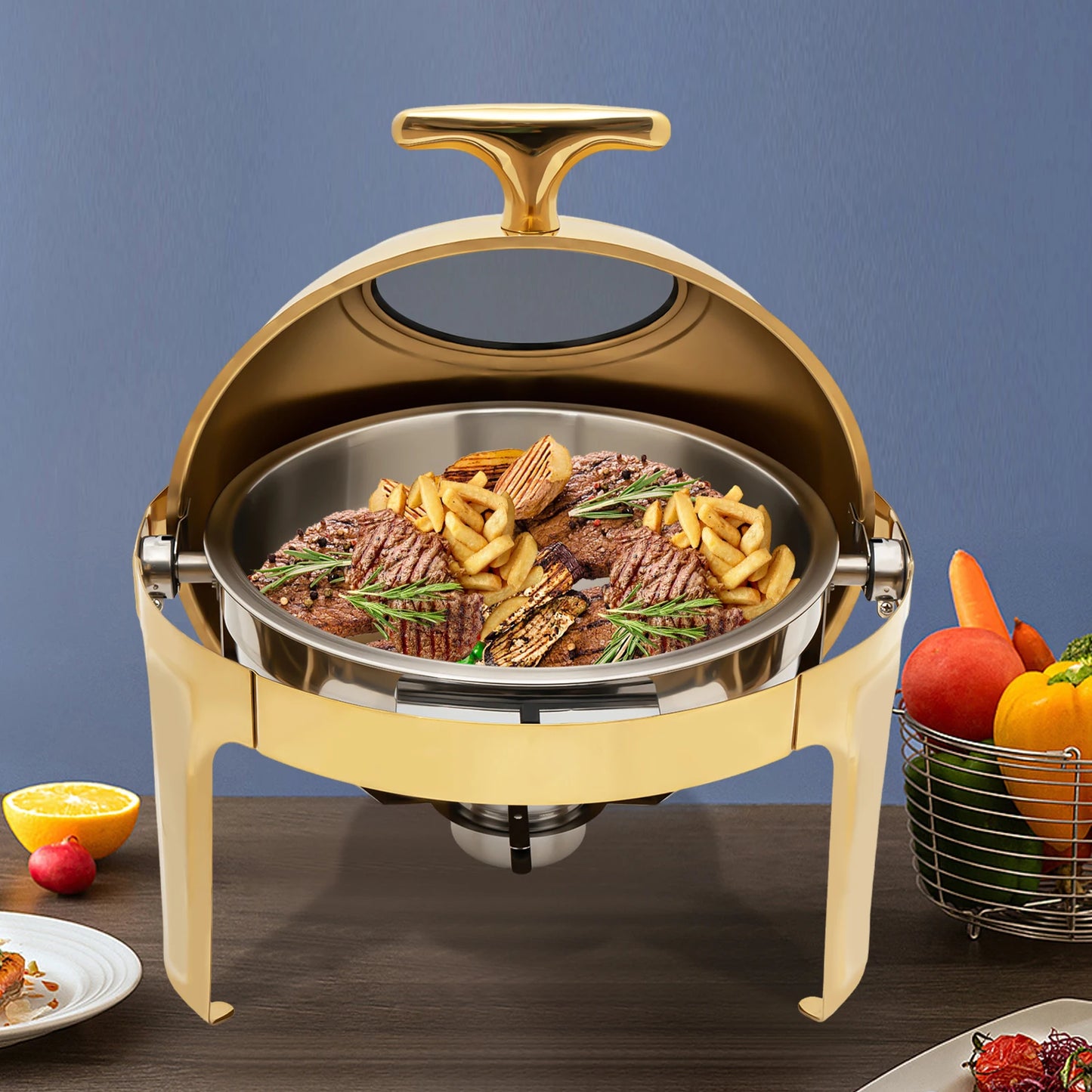 Single Compartment Buffet Chafing Dish, Gold, Round Buffet Warmer with Glass Lid, Food Warmer for Catering, Party