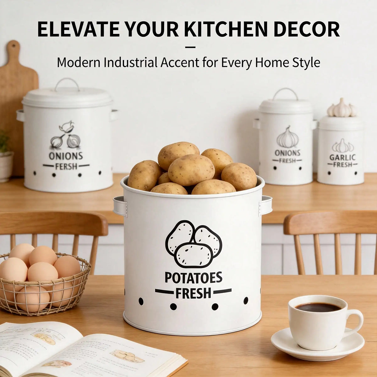 Potato Onion Garlic Storage Bin Set Farmhouse Rustic Black Metal 3-Piece Vegetable Storage Containers With Lids Aeration Holes Prevents Sprouting For Kitchen Counter Pantry Organizer Housewarming Gift Christmas Decor